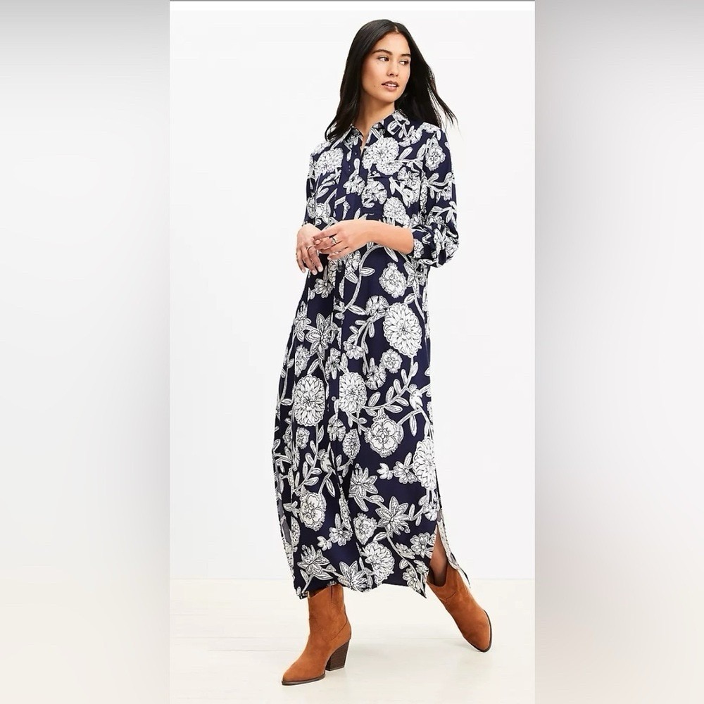 Loft Women's ShirtDress Medium Petite Floral Midi Pockets Navy Blue Boho Chic